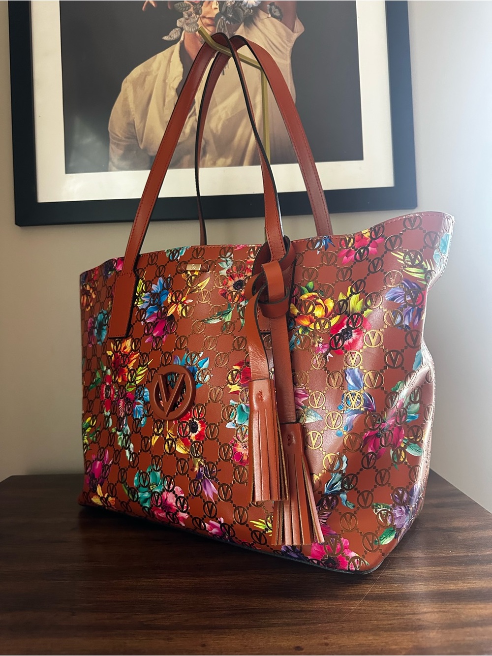 Mario Valentino Prince Flowery Monogram Leather Tote
